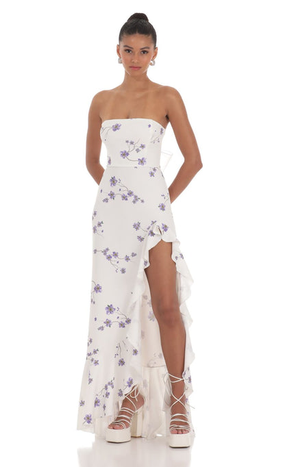 Lucy In The Sky Strapless Back Bow Corset Maxi Dress in Lavender