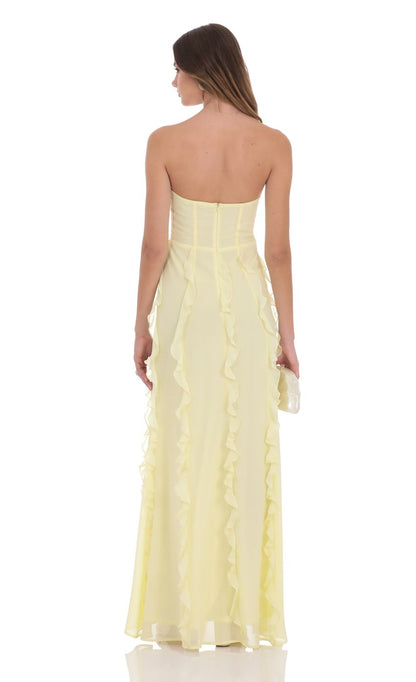 Lucy In The Sky Chiffon Rossette Ruffle Maxi Dress in Yellow