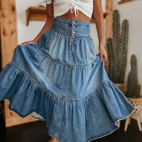 Ursime Boho Denim High Rise Button Tiered Maxi Skirt