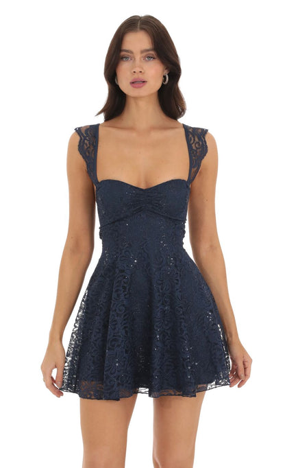 Lucy In The Sky Lace Sequin Fit and Flare Dress in Navy