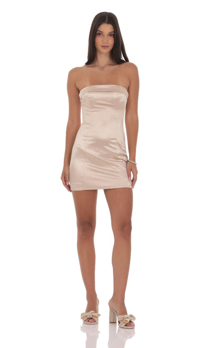 Lucy In The Sky Satin Strapless Bodycon Dress in Champagne