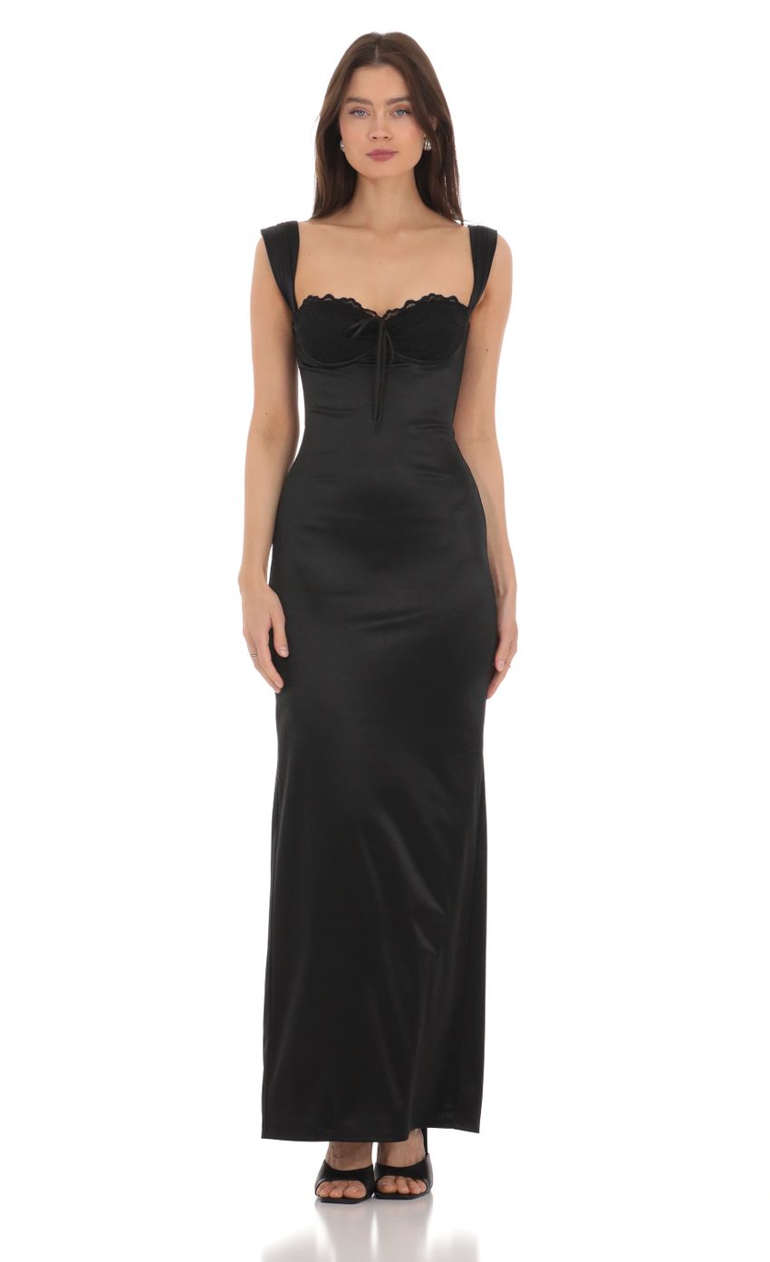 Lucy In The Sky Satin Lace Maxi Dress in Black