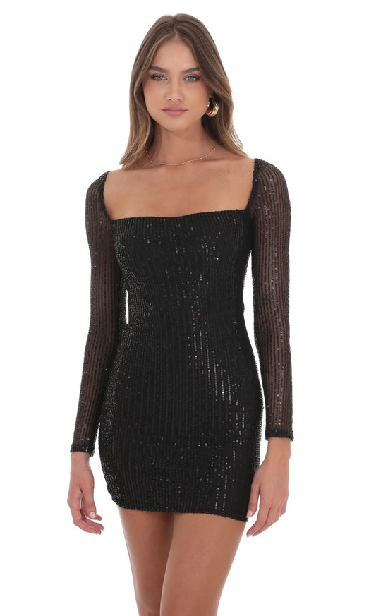Lucy In The Sky Sequin Square Neck Bodycon Dress in Black