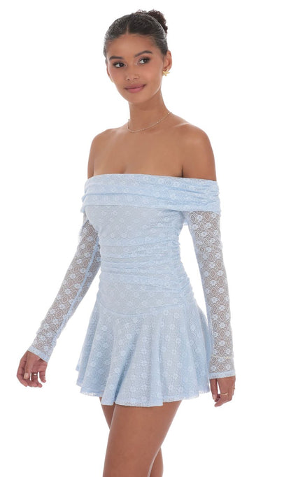 Lucy In The Sky Lace Off Shoulder Flare Dress in Light Blue