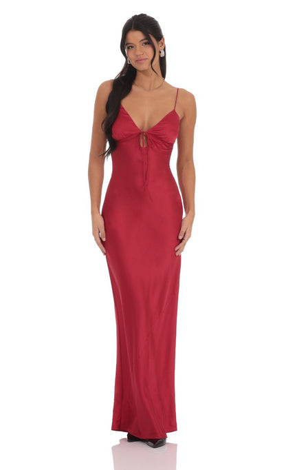 Lucy In The Sky Satin Back Tie Maxi Dress in Red