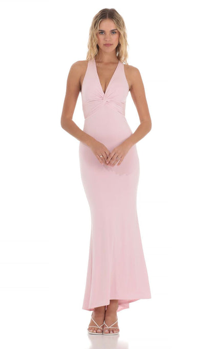 Lucy in the Sky Twist V-Neck Maxi Dress in Pink