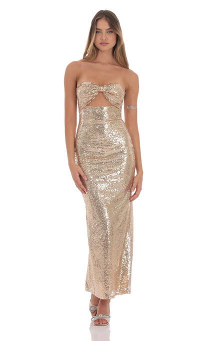Lucy in the Sky Sequin Bow Cutout Maxi Dress in Gold