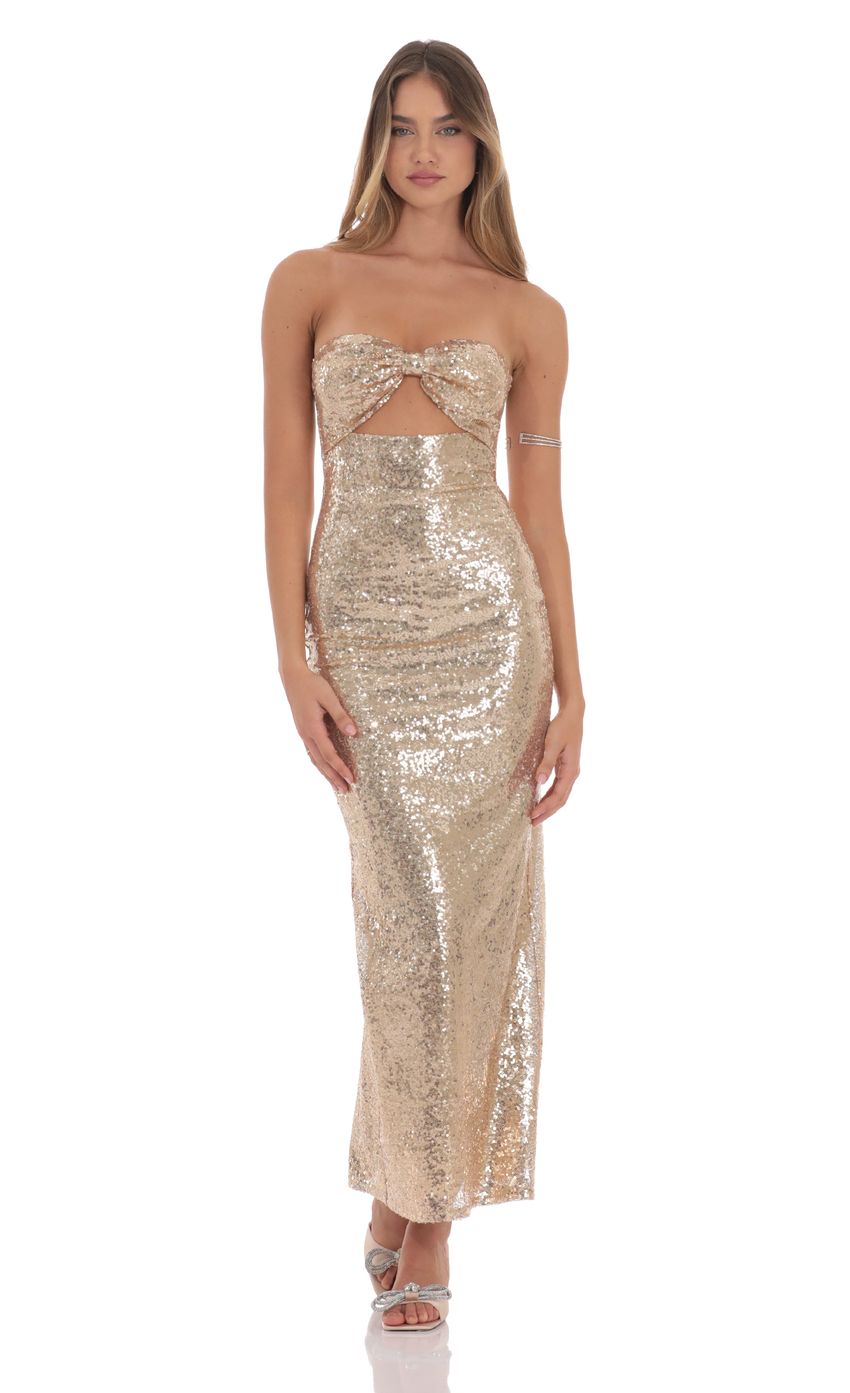 Lucy In The Sky Sequin Bow Cutout Maxi Dress in Gold