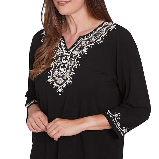 Alfred Dunner Women's Split Neck Scroll Embroidered Top