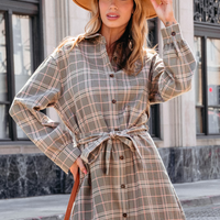 Cupshe Taupe Plaid Collared Long Sleeve Mini Shirt Dress