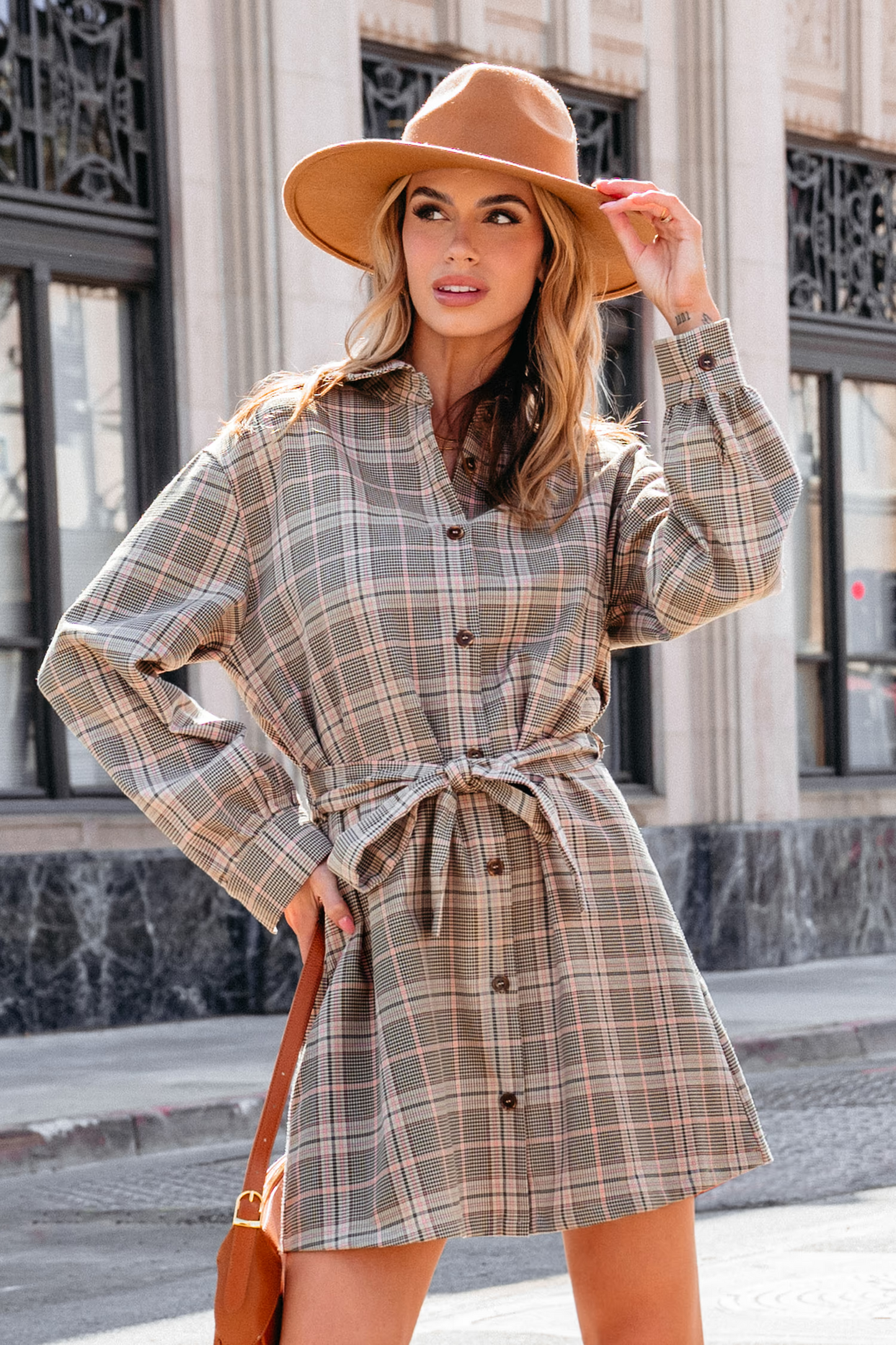 Cupshe Taupe Plaid Collared Long Sleeve Mini Shirt Dress