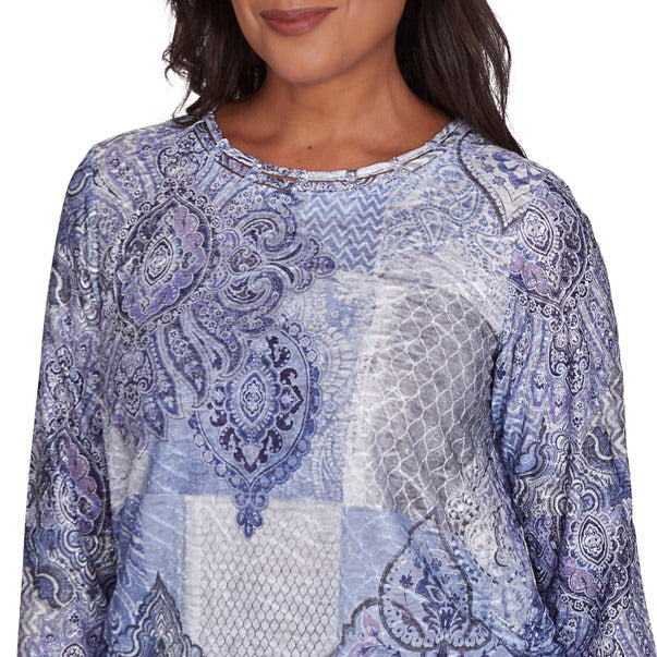 Alfred Dunner Women's Medallion Patchwork Beaded Crew Neck Top