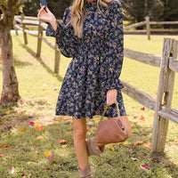 Cupshe Blue Floral Standing Collar Long Sleeve Ruffle Cuff Mini Dress