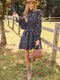 Cupshe Blue Floral Standing Collar Long Sleeve Ruffle Cuff Mini Dress