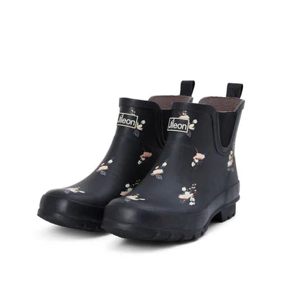 Jileon Rain Boots Ankle Height Rain Boots - Black Floral - Wide Foot - Easy to Slip On