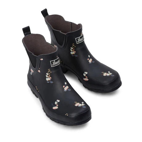 Jileon Rain Boots Ankle Height Rain Boots - Black Floral - Wide Foot - Easy to Slip On