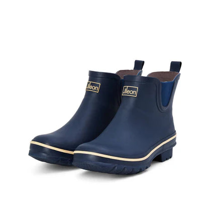 Jileon Rain Boots Ankle Height Rain Boots - Navy Blue with Cream Trim - Wide Foot - Easy to Slip On