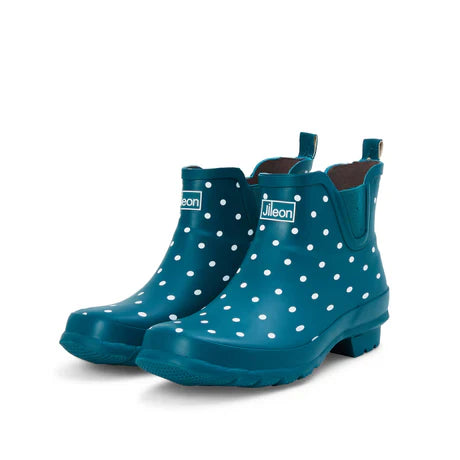 Jileon Rain Boots Ankle Height Rain Boots - Teal with White Spots - Wide Foot - Easy to Slip On