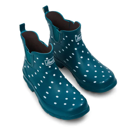 Jileon Rain Boots Ankle Height Rain Boots - Teal with White Spots - Wide Foot - Easy to Slip On