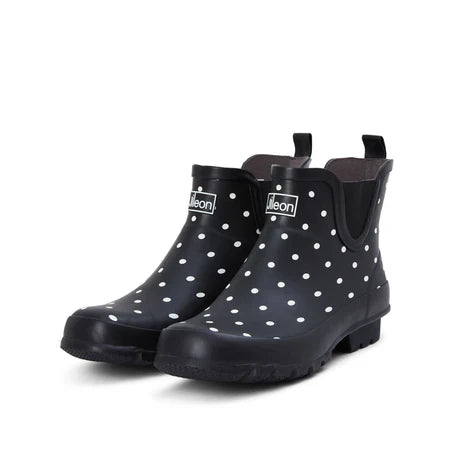Jileon Rain Boots Ankle Height Rain Boots - Black with White Spots - Wide Foot - Easy to Slip On
