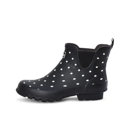 Jileon Rain Boots Ankle Height Rain Boots - Black with White Spots - Wide Foot - Easy to Slip On
