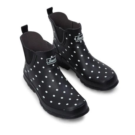 Jileon Rain Boots Ankle Height Rain Boots - Black with White Spots - Wide Foot - Easy to Slip On