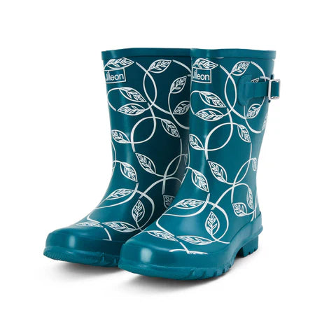 Jileon Rain Boots Half Height Rain Boots - Teal with Leaves - Wide Foot and Ankle
