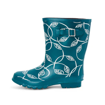 Jileon Rain Boots Half Height Rain Boots - Teal with Leaves - Wide Foot and Ankle