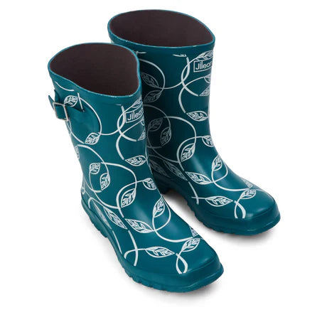 Jileon Rain Boots Half Height Rain Boots - Teal with Leaves - Wide Foot and Ankle