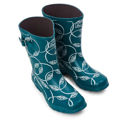 Jileon Rain Boots Half Height Rain Boots - Teal with Leaves - Wide Foot and Ankle