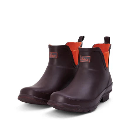 Jileon Rain Boots Ankle Height Rain Boots - Chocolate with Orange Trim - Wide Foot - Easy to Slip On