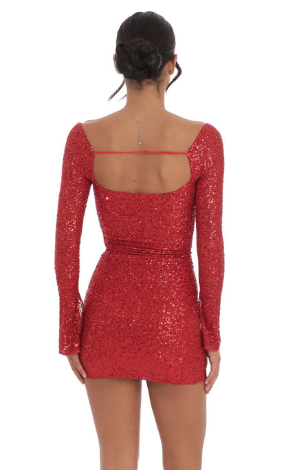 Lucy In The Sky Sequin Long Sleeve Dress in Red