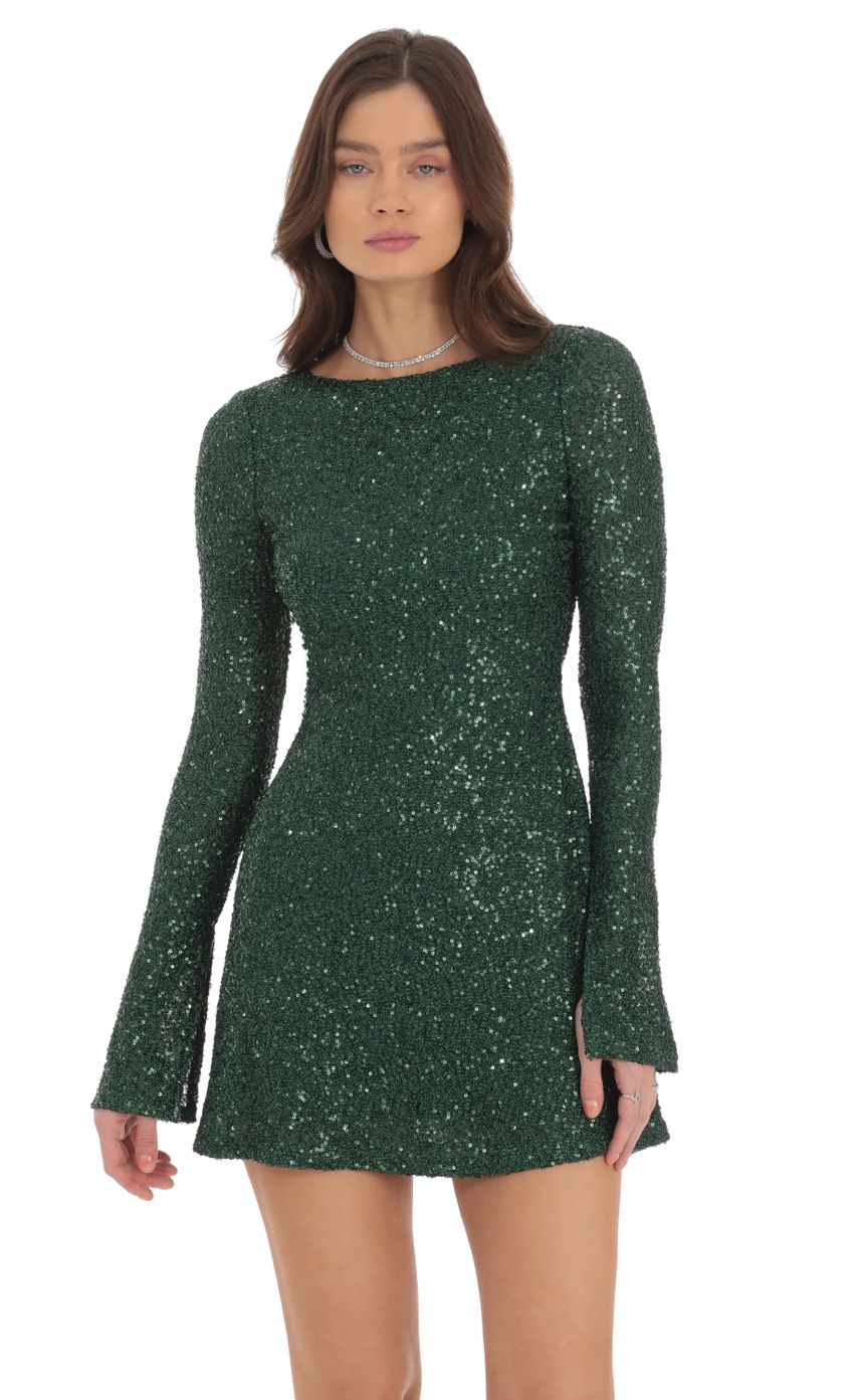 Lucy In The Sky Sequin Long Sleeve Open Back Dress in Green