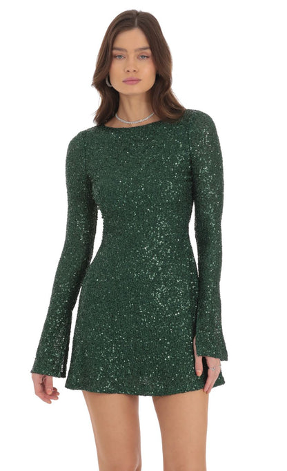 Lucy In The Sky Sequin Long Sleeve Open Back Dress in Green