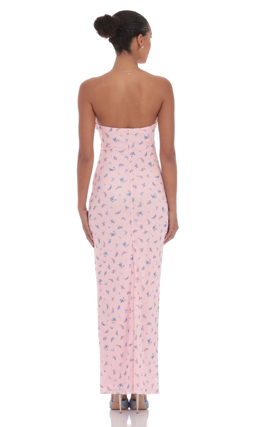 Lucy In The Sky Mesh Floral Strapless Cutout Maxi Dress in Pink