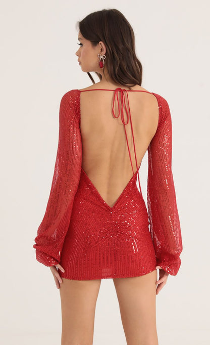 Lucy in the Sky Sequin Open Back Long Sleeve Dress in Red
