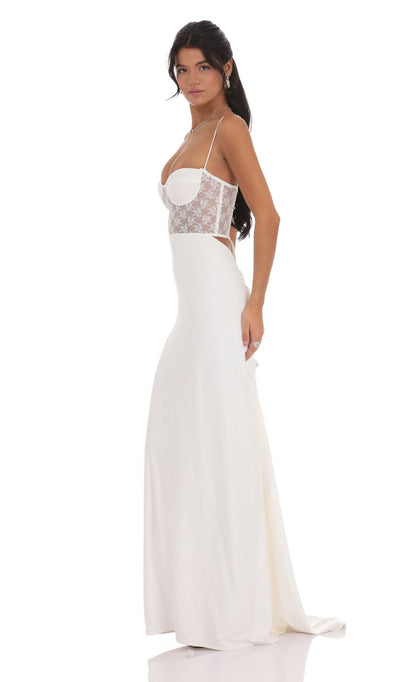 Lucy In The Sky Shimmer Lace Cutout Maxi Dress in White