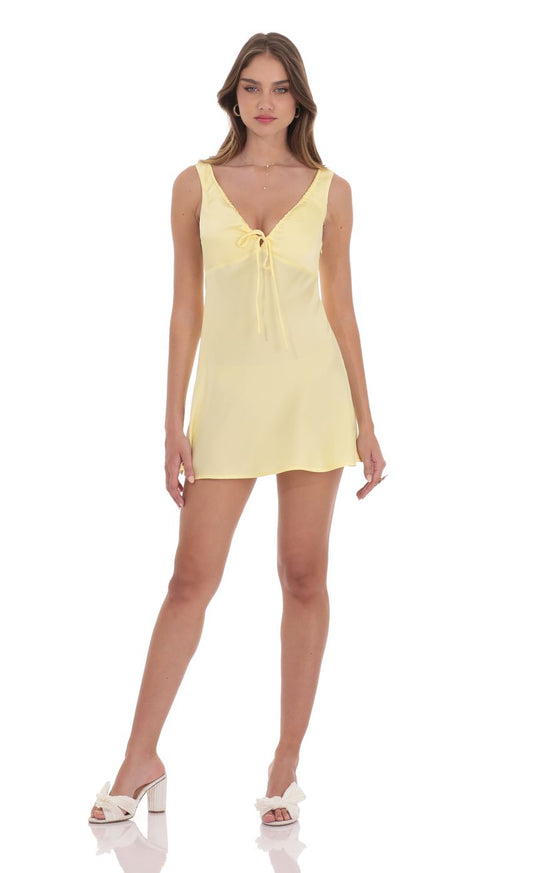 Lucy In The Sky Satin V-Neck Dress in Yellow