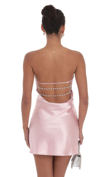 Lucy In The Sky Satin Pearl Open Back Dress in Pink
