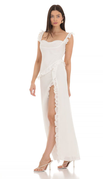 Lucy in the Sky Chiffon Ruffle Dress in White