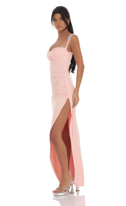 Lucy in the Sky Suede Draped Lace Maxi Dress in Pink
