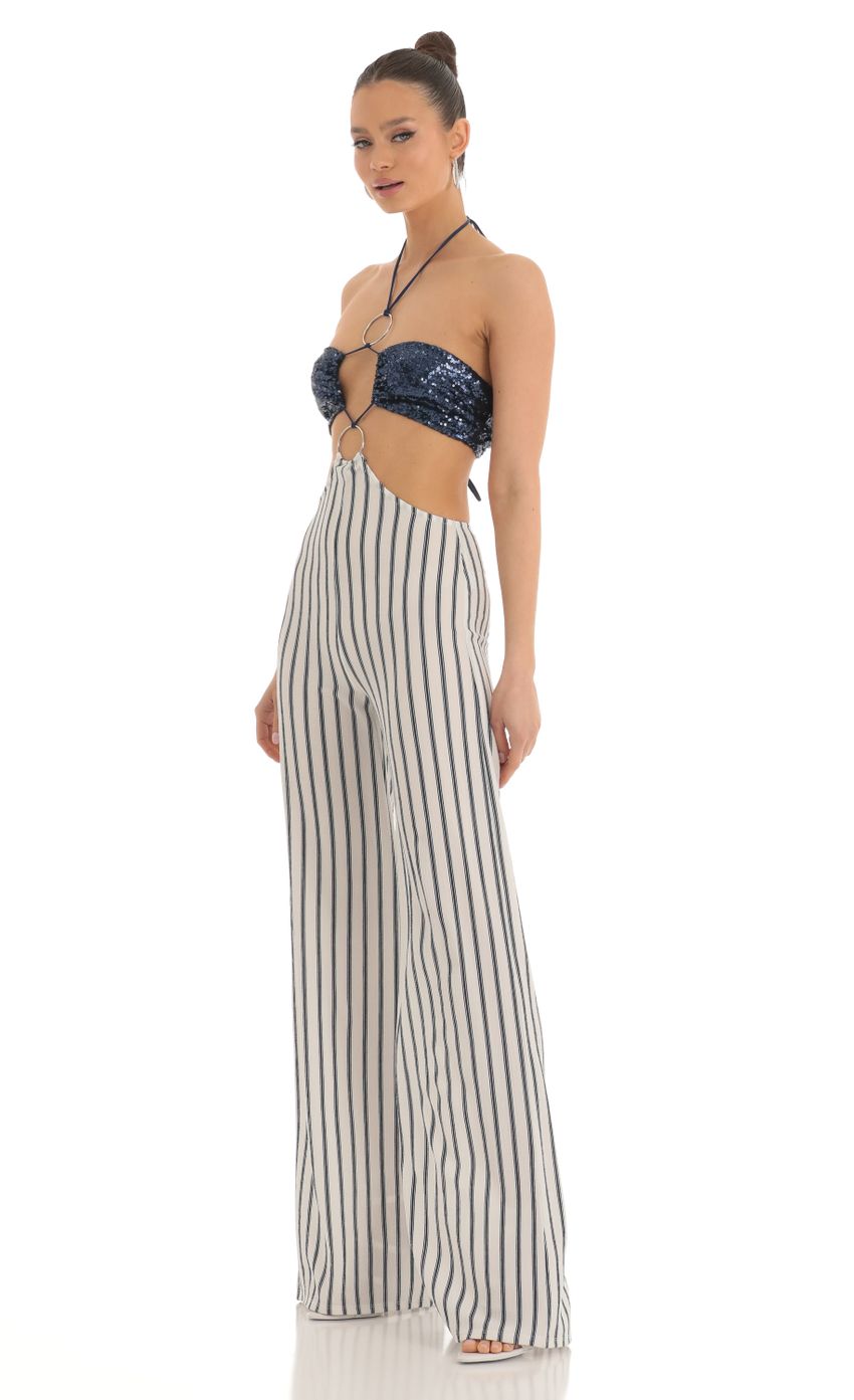 Lucy In The Sky Sequin Halter Striped Jumpsuit in White and Navy