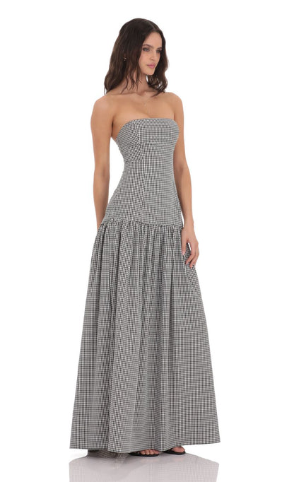 Lucy In The Sky Gingham Strapless Drop Waist Maxi Dress in Black