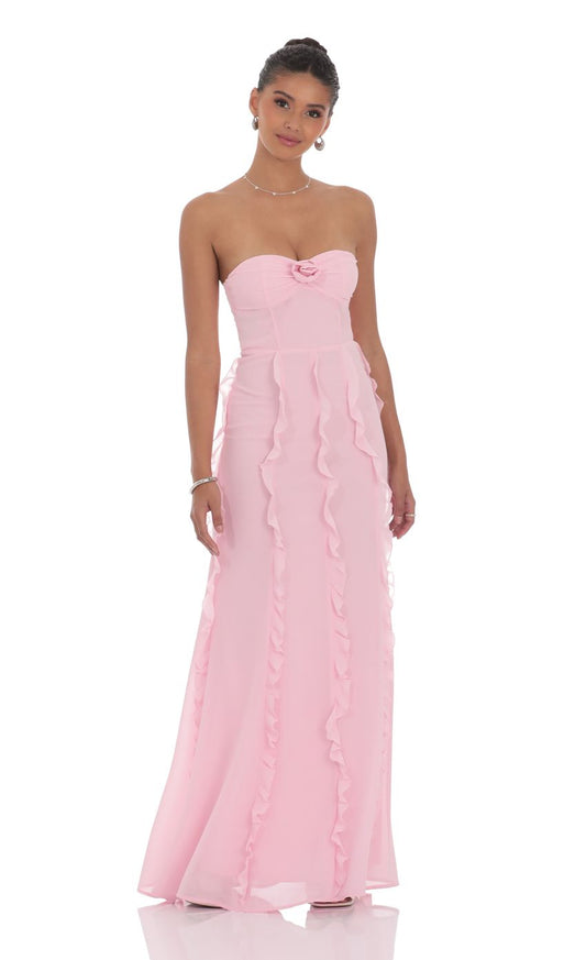 Lucy In The Sky Chiffon Rosette Ruffle Maxi Dress in Pink
