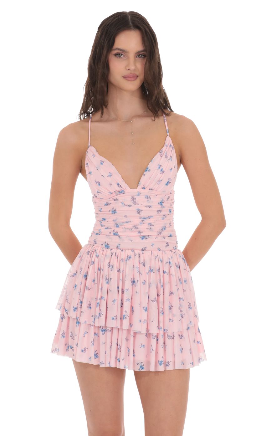 Lucy In The Sky Floral Mesh Tiered Dress in Pink
