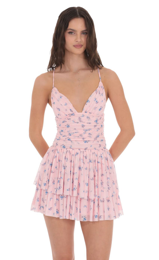 Lucy In The Sky Floral Mesh Tiered Dress in Pink