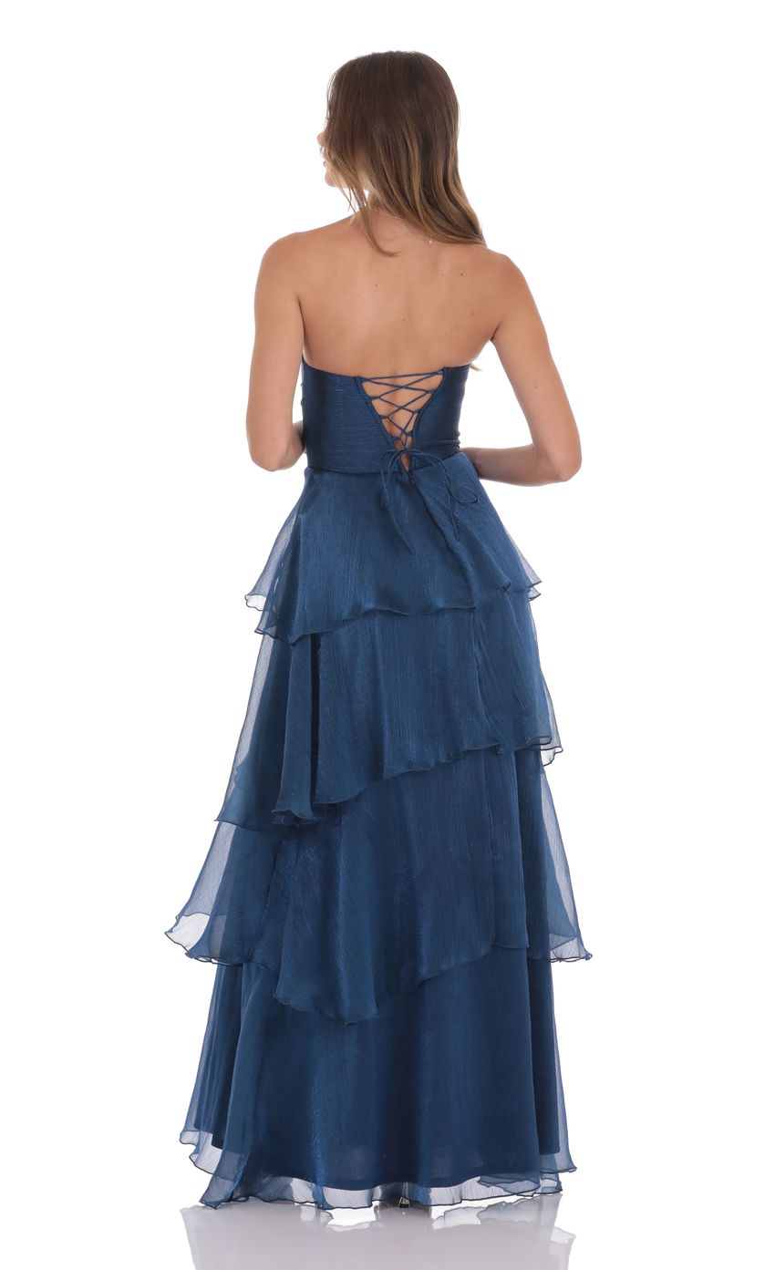 Lucy In The Sky Corset Ruffle Strapless Maxi Dress in Navy