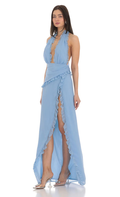 Lucy In The Sky Plunge Neck Halter Dress in Blue