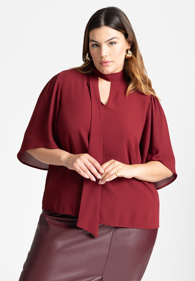 ELOQUII Women's Bow Blouse with Flutter Sleeve