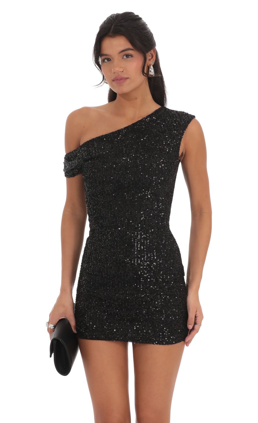 Lucy In The Sky Off Shoulder Sequin Bodycon Dress in Black